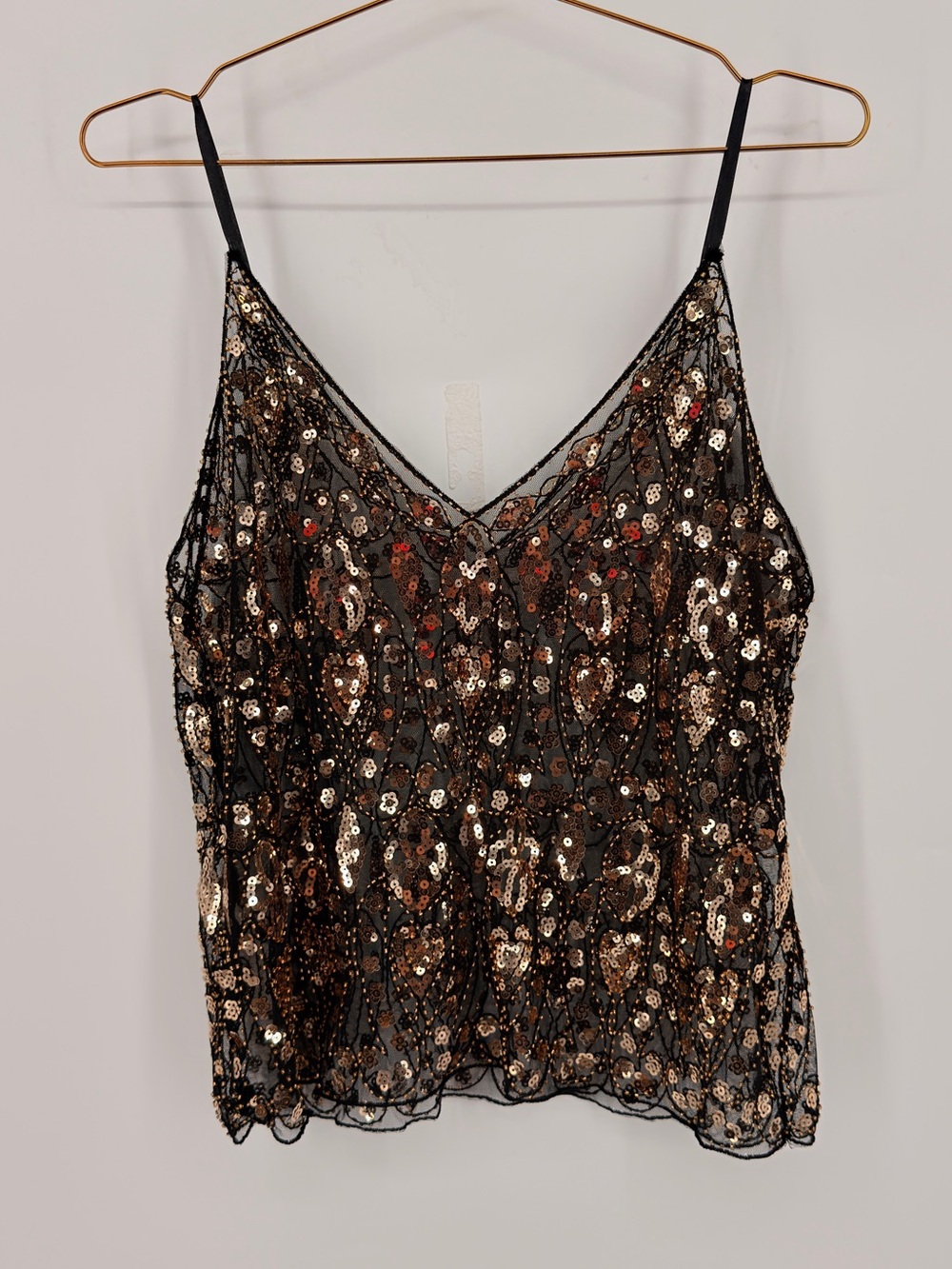 Black Gold Sequin Beaded Sheer Mesh Cami Tank Top Fits Medium Party Festival